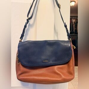 Fossil Navy and Tan Leather Shoulder Bag